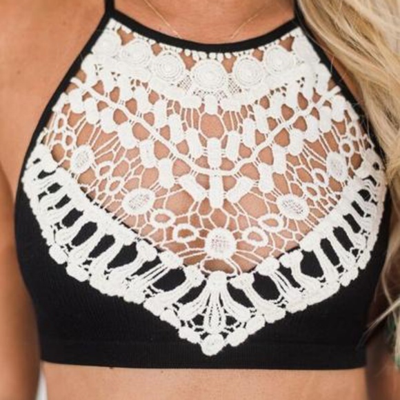 Crochet Lace High Neck Bralette - Black - Picture 2 of 8
